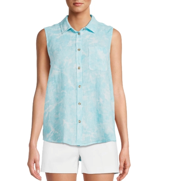 Time and Tru Sleeveless Button-Down Linen Shirt Women's XXXL Blue Tie Dye Retro - Picture 1 of 11